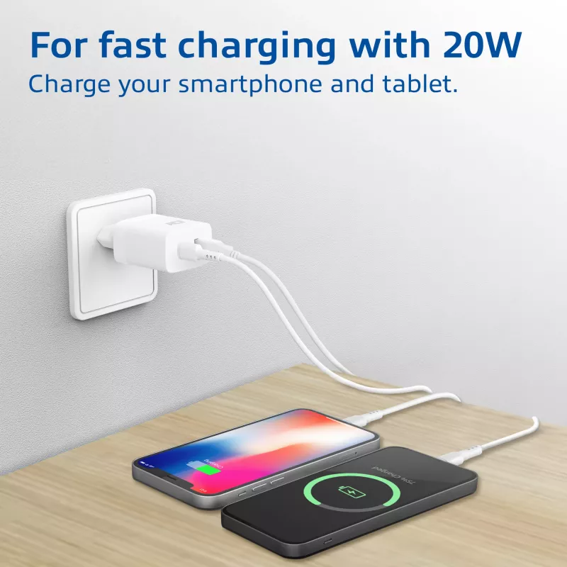 ACT USB-C ja USB-A laadija 20 W Power Delivery PPS, Quick Charge, GaNFast