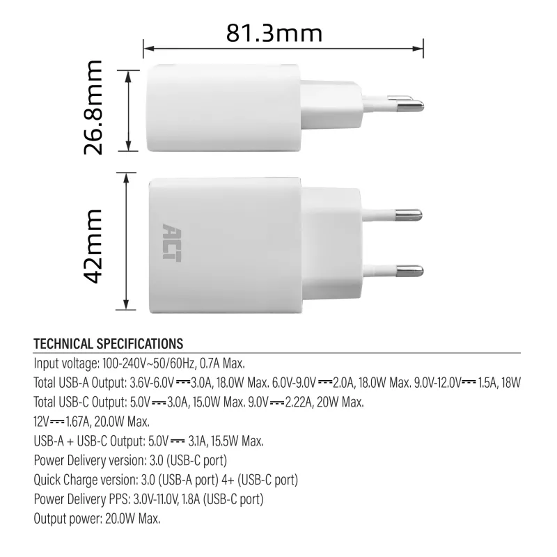 ACT USB-C ja USB-A laadija 20 W Power Delivery PPS, Quick Charge, GaNFast