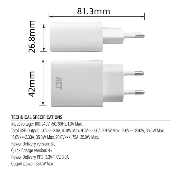 USB-C laadija ACT 35W Power Delivery PPS GaNFast Universal