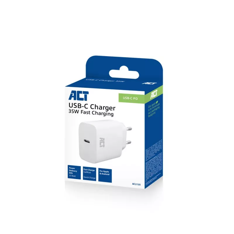 USB-C laadija ACT 35W Power Delivery PPS GaNFast Universal