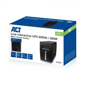 ACT Line Interactive UPS 600 VA - 360W koos AVR-iga, liin-interaktiivne, 0,6 kVA, 360 W, 240 V, ülelaadimis-, sügavtühjenemis-, ülekoormus-, lühisekaitse, C13 pistikupesa, tüüp F