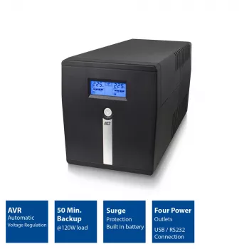 ACT Liin-Interaktiivne UPS 1000VA - 600W AVR-iga, LCD-ekraan