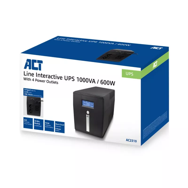 ACT Liin-Interaktiivne UPS 1000VA - 600W AVR-iga, LCD-ekraan