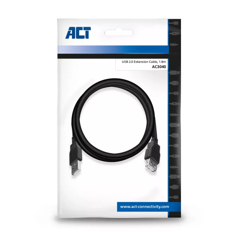 ACT USB 2.0 pikenduskaabel A isane - A emane 1,8 meetrit, tõmblukuga kott