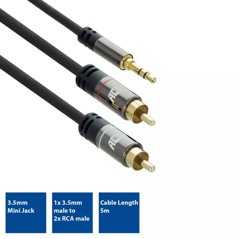ACT 5 meetrit kvaliteetne audioühenduskaabel 1x 3,5 mm stereopistiku isane - 2x RCA isane