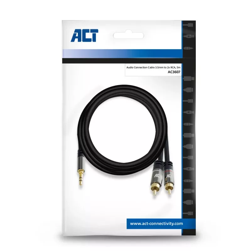 ACT 5 meetrit kvaliteetne audioühenduskaabel 1x 3,5 mm stereopistiku isane - 2x RCA isane