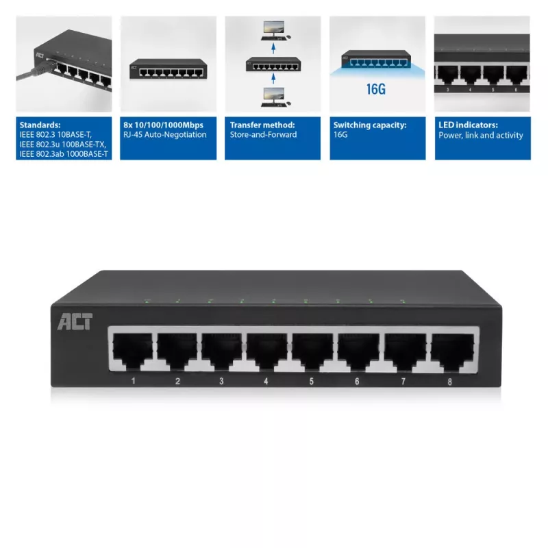 Haldamatu lüliti ACT AC4418 8 porti Gigabit Ethernet 10/100/1000