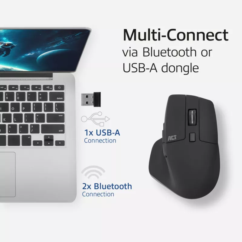 ACT juhtmeta mitmeühendusega hiir Bluetooth või USB-A vastuvõtjaga, 2400 DPI vaikse klõpsiga, keskkonnasõbralik