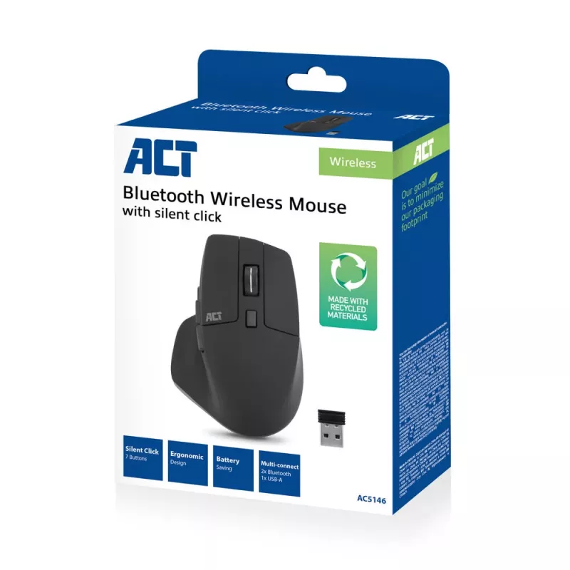 ACT juhtmeta mitmeühendusega hiir Bluetooth või USB-A vastuvõtjaga, 2400 DPI vaikse klõpsiga, keskkonnasõbralik