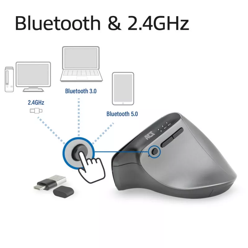 ACT juhtmevaba ergonoomiline hiir Bluetoothi ja USB-C/USB-A-ga