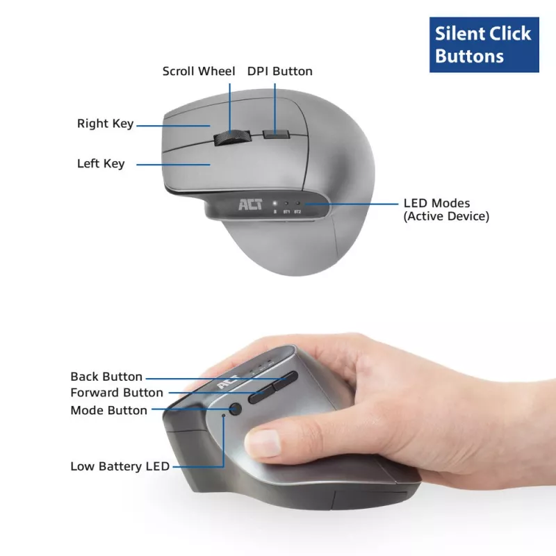 ACT juhtmevaba ergonoomiline hiir Bluetoothi ja USB-C/USB-A-ga