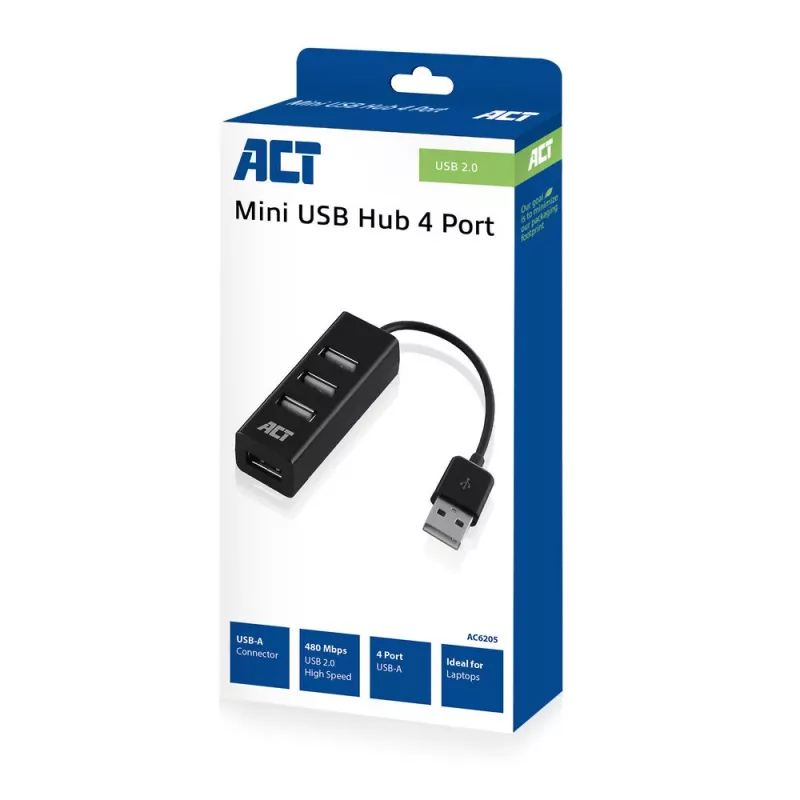 USB-jaotur ACT AC6205 2.0 480 Mbit/s Must 0,12 m