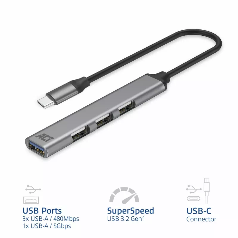 USB-jaotur ACT AC6425 USB-C 5000 Mbit/s alumiinium hall