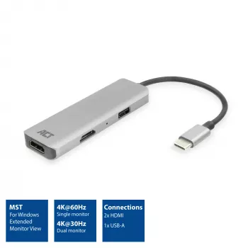 ACT USB-C 4K mitme pordiga adapter 2 HDMI monitorile, USB-A andmepordiga