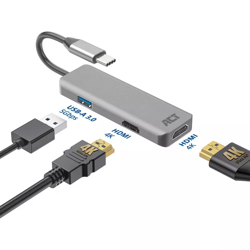 ACT USB-C 4K mitme pordiga adapter 2 HDMI monitorile, USB-A andmepordiga
