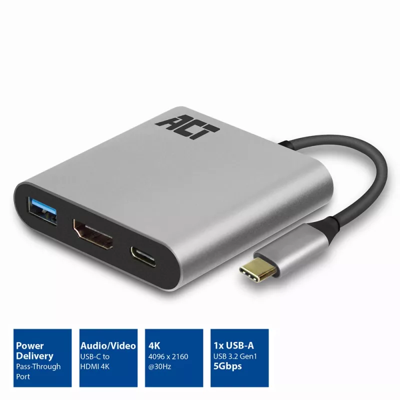 ACT USB-C mitmepordiadapter 1 HDMI monitori, 1x USB-A, PD läbipääsu jaoks