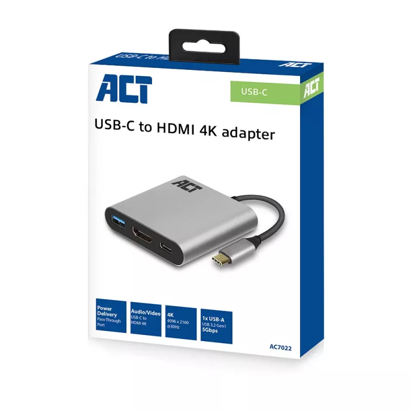 ACT USB-C mitmepordiadapter 1 HDMI monitori, 1x USB-A, PD läbipääsu jaoks