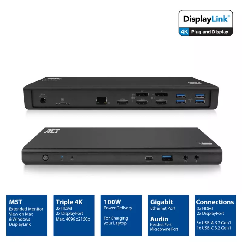 ACT USB-C dokkimisjaam 4K, 2 või 3 HDMI/DisplayPort monitorile, DisplayLink