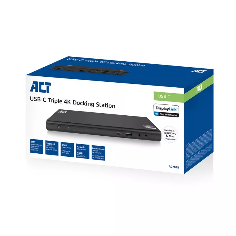 ACT USB-C dokkimisjaam 4K, 2 või 3 HDMI/DisplayPort monitorile, DisplayLink