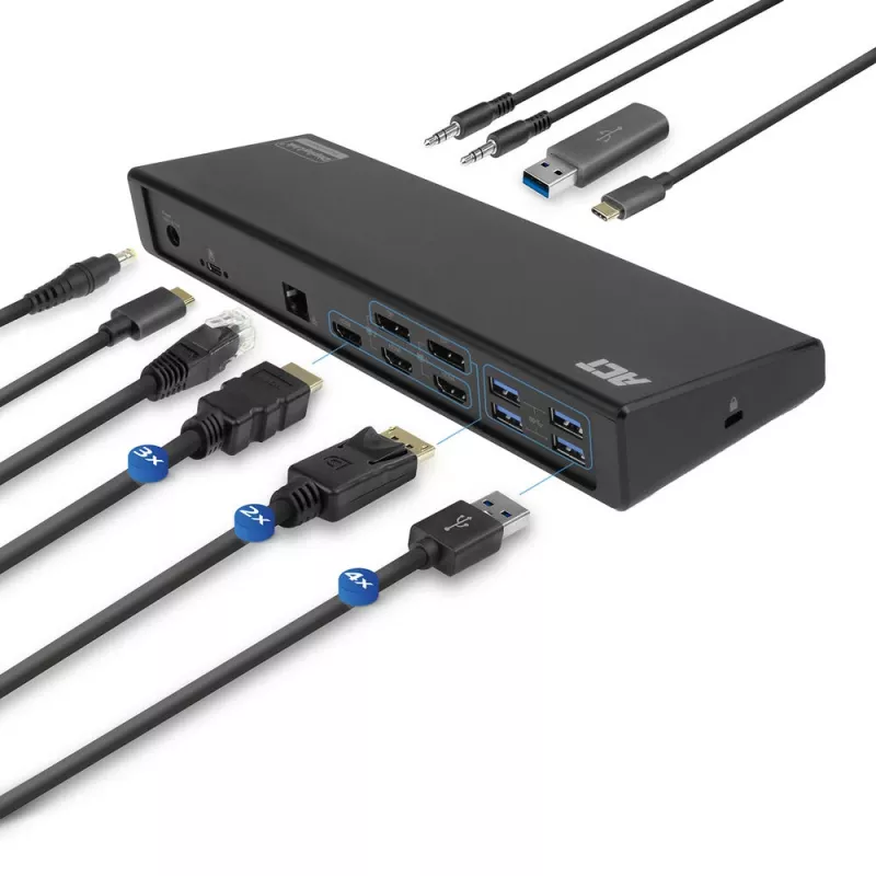 ACT USB-C dokkimisjaam 4K, 2 või 3 HDMI/DisplayPort monitorile, DisplayLink
