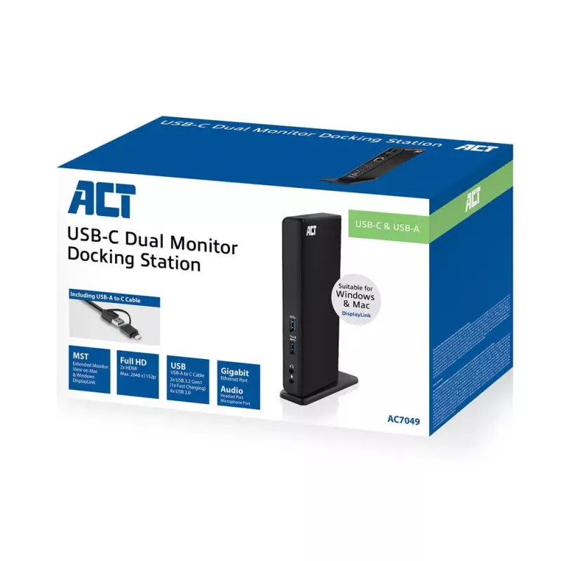ACT universaalne USB-C või USB-A dokkimisjaam, 2 HDMI monitori jaoks, DisplayLink