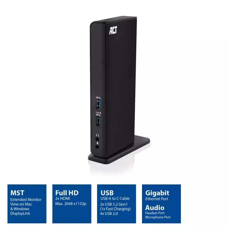 ACT universaalne USB-C või USB-A dokkimisjaam, 2 HDMI monitori jaoks, DisplayLink