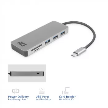 ACT USB-C jaotur 3.0, 3x USB-A, kaardilugeja, PD läbivool