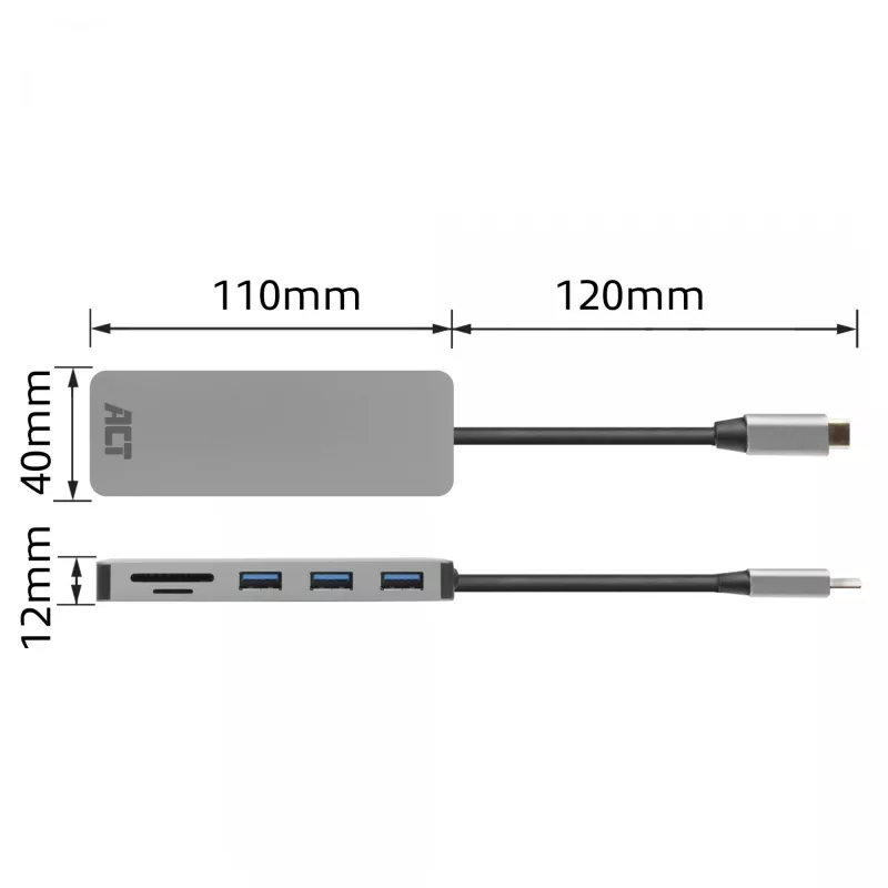 ACT USB-C jaotur 3.0, 3x USB-A, kaardilugeja, PD läbivool