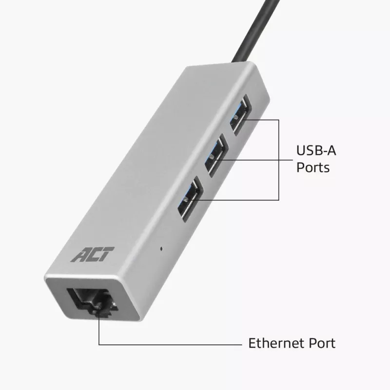 USB-C jaotur ACT AC7055 3x USB-A Gigabit Ethernet