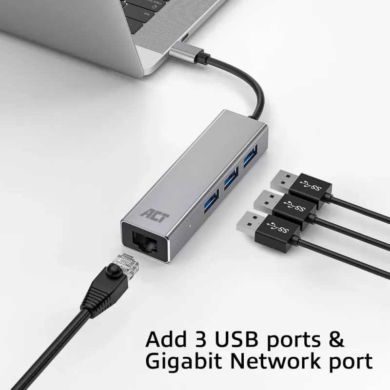 USB-C jaotur ACT AC7055 3x USB-A Gigabit Ethernet