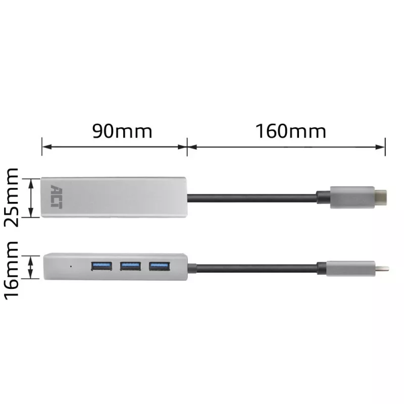 USB-C jaotur ACT AC7055 3x USB-A Gigabit Ethernet