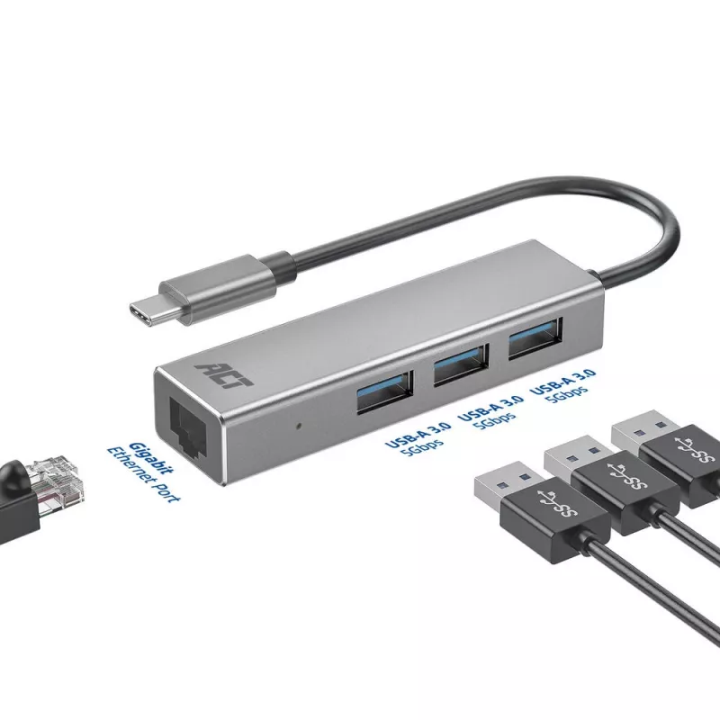 USB-C jaotur ACT AC7055 3x USB-A Gigabit Ethernet