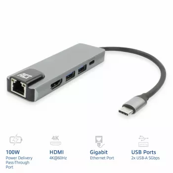 ACT USB-C 4K dokkimisjaam 1 HDMI monitorile, Ethernet, USB-A, PD läbivooluga