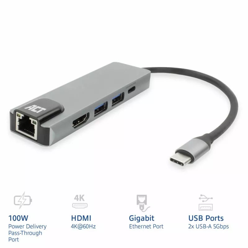 ACT USB-C 4K dokkimisjaam 1 HDMI monitorile, Ethernet, USB-A, PD läbivooluga