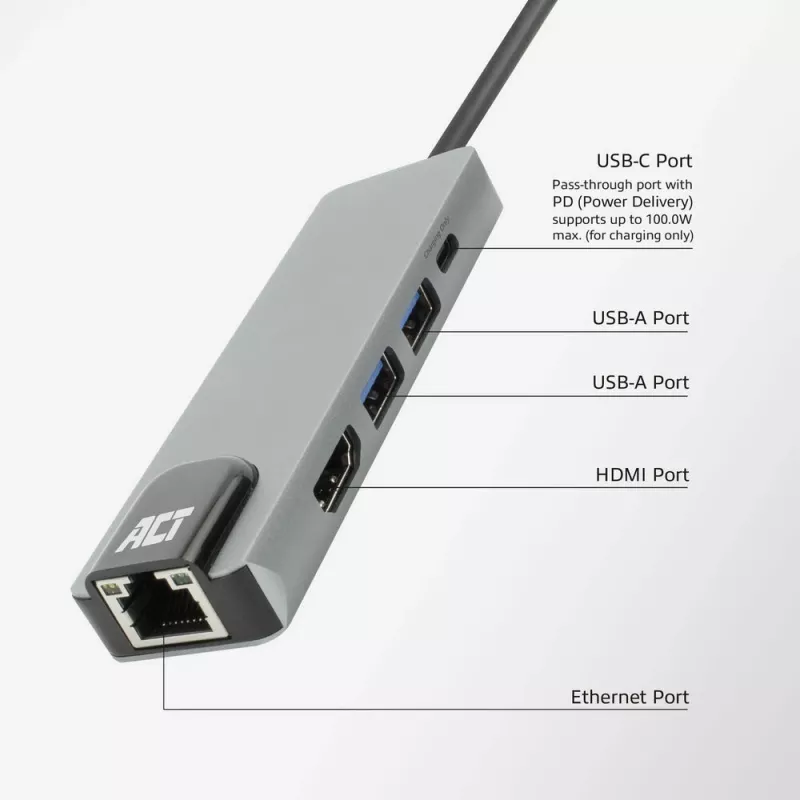 ACT USB-C 4K dokkimisjaam 1 HDMI monitorile, Ethernet, USB-A, PD läbivooluga