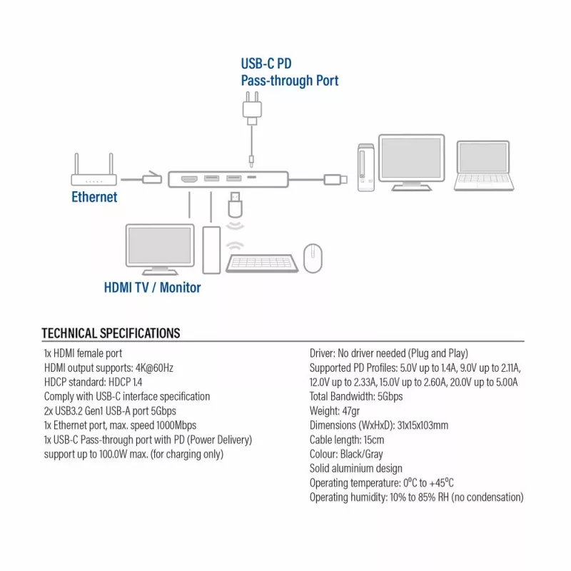 ACT USB-C 4K dokkimisjaam 1 HDMI monitorile, Ethernet, USB-A, PD läbivooluga