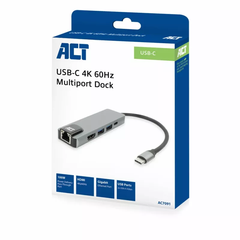 ACT USB-C 4K dokkimisjaam 1 HDMI monitorile, Ethernet, USB-A, PD läbivooluga