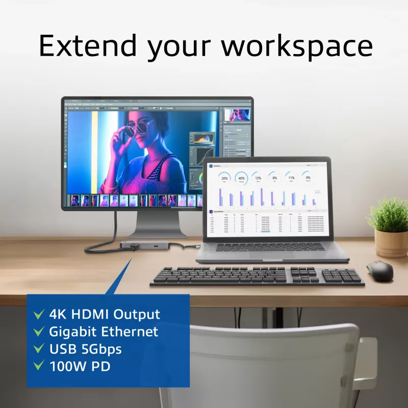 ACT USB-C 4K dokkimisjaam 1 HDMI monitori jaoks, Ethernet, USB-C, USB-A, kaardilugeja ja PD läbipääs
