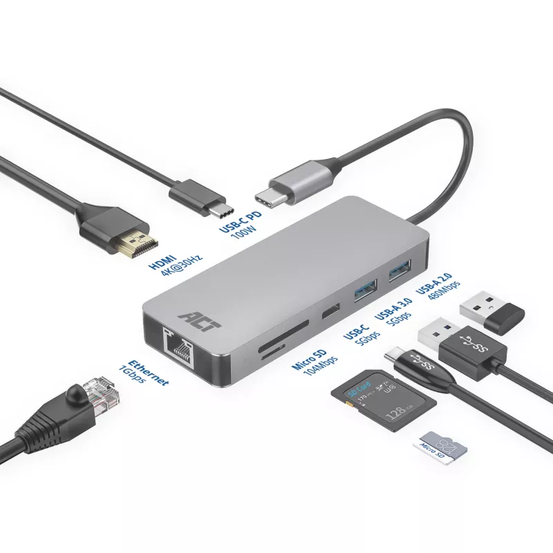 ACT USB-C 4K dokkimisjaam 1 HDMI monitori jaoks, Ethernet, USB-C, USB-A, kaardilugeja ja PD läbipääs