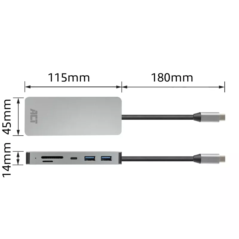 ACT USB-C 4K dokkimisjaam 1 HDMI monitori jaoks, Ethernet, USB-C, USB-A, kaardilugeja ja PD läbipääs