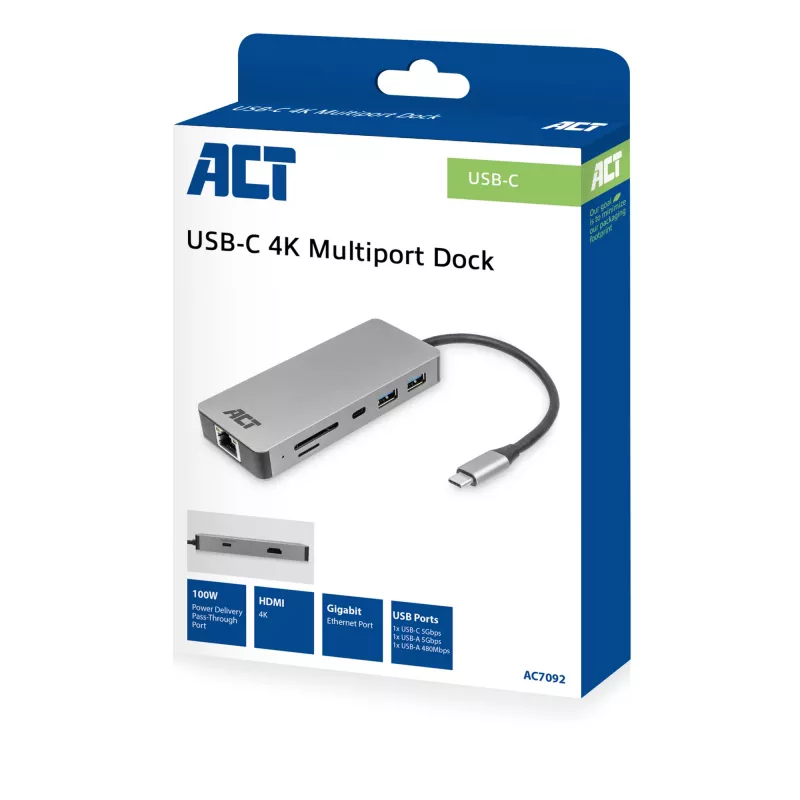 ACT USB-C 4K dokkimisjaam 1 HDMI monitori jaoks, Ethernet, USB-C, USB-A, kaardilugeja ja PD läbipääs