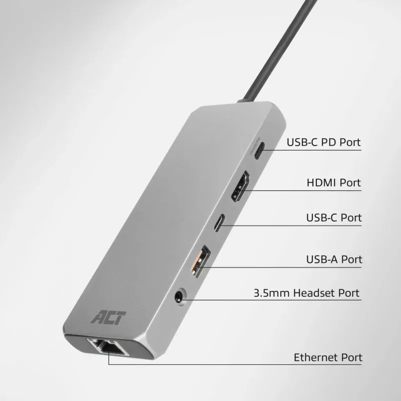 ACT USB-C 4K / 8K 30Hz dokkimisjaam 1 HDMI-monitori, 2,5 Gigabit Etherneti, USB-C 10Gbps, USB-A 10Gbps, 3,5 mm heli, PD läbivooluga