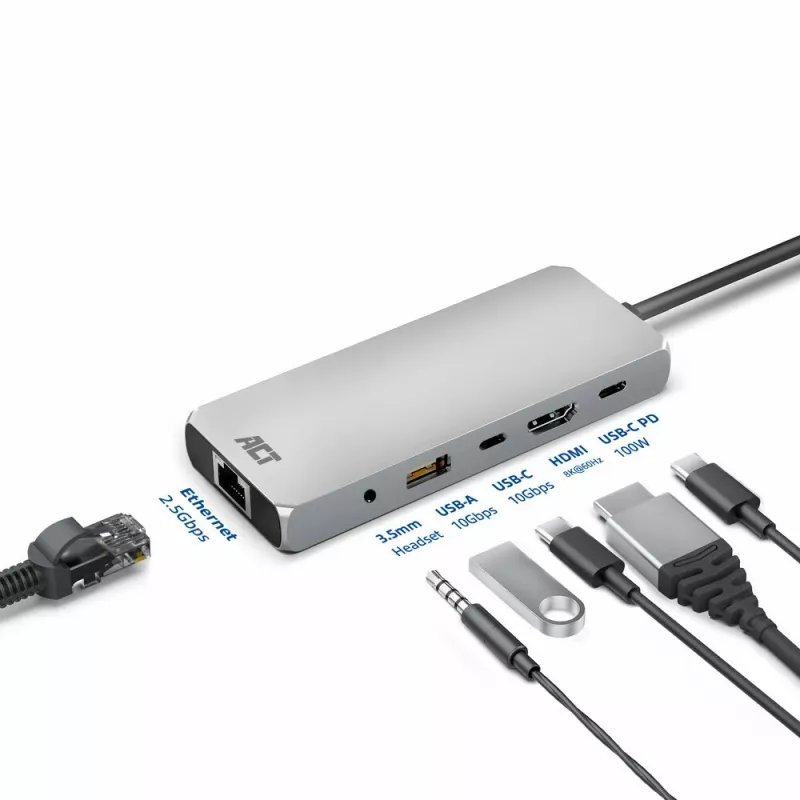 ACT USB-C 4K / 8K 30Hz dokkimisjaam 1 HDMI-monitori, 2,5 Gigabit Etherneti, USB-C 10Gbps, USB-A 10Gbps, 3,5 mm heli, PD läbivooluga