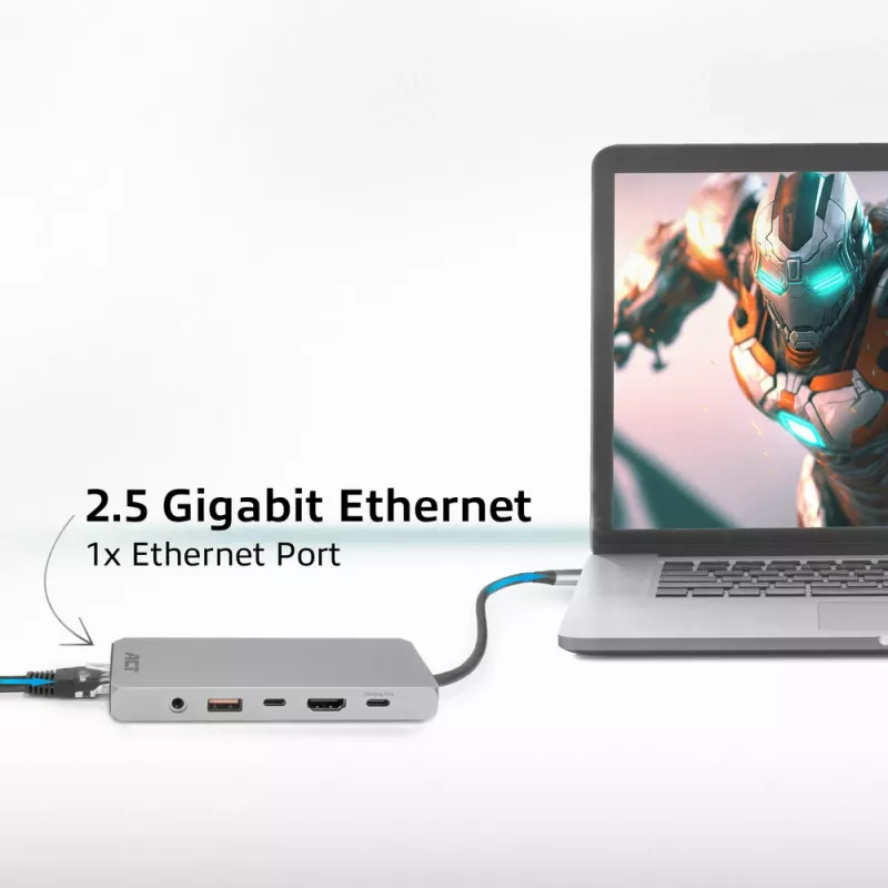 ACT USB-C 4K / 8K 30Hz dokkimisjaam 1 HDMI-monitori, 2,5 Gigabit Etherneti, USB-C 10Gbps, USB-A 10Gbps, 3,5 mm heli, PD läbivooluga