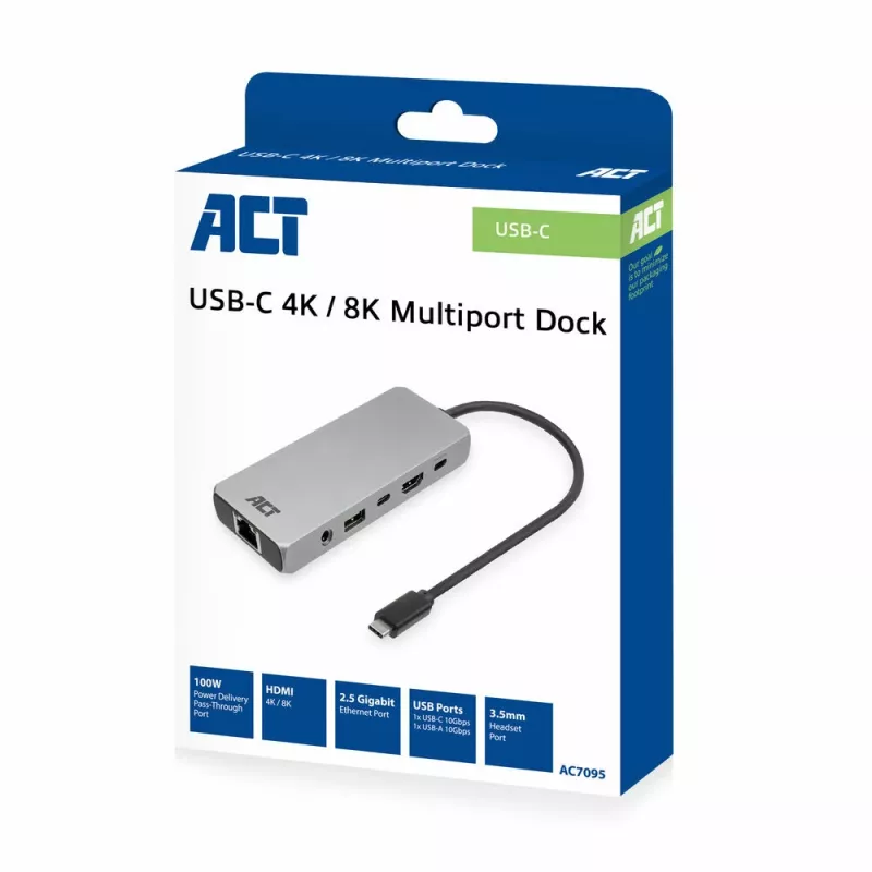 ACT USB-C 4K / 8K 30Hz dokkimisjaam 1 HDMI-monitori, 2,5 Gigabit Etherneti, USB-C 10Gbps, USB-A 10Gbps, 3,5 mm heli, PD läbivooluga