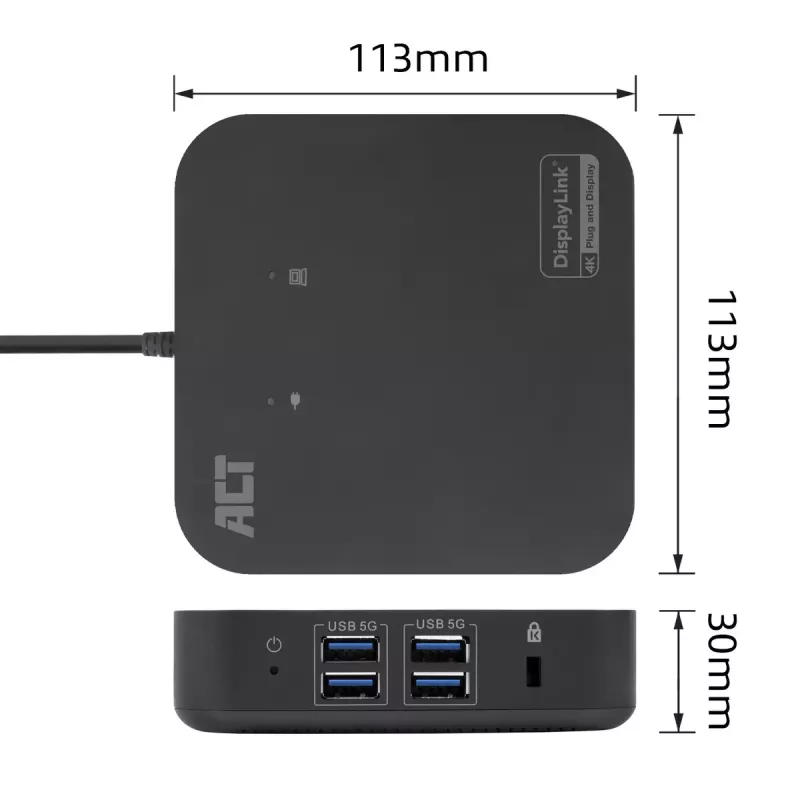 ACT universaalne USB-C dokkimisjaam 4K, 2 HDMI/DisplayPort monitorile, DisplayLink, kompaktne disain