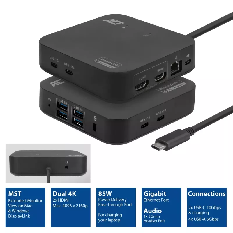 ACT universaalne USB-C dokkimisjaam 4K, 2 HDMI/DisplayPort monitorile, DisplayLink, kompaktne disain