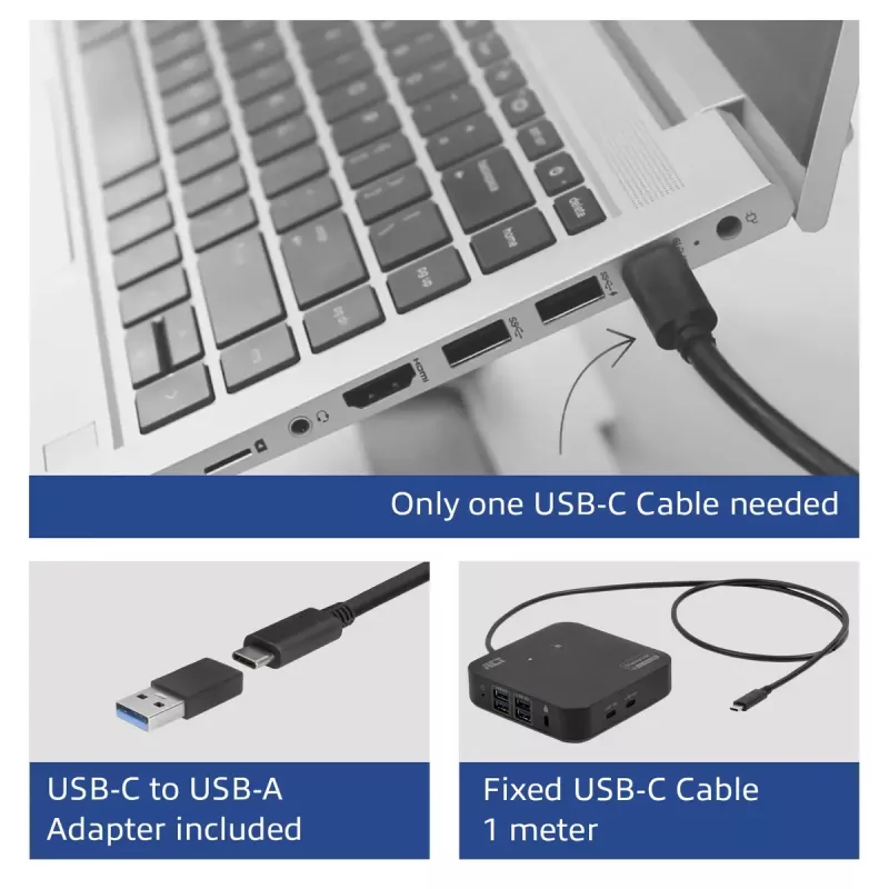 ACT universaalne USB-C dokkimisjaam 4K, 2 HDMI/DisplayPort monitorile, DisplayLink, kompaktne disain
