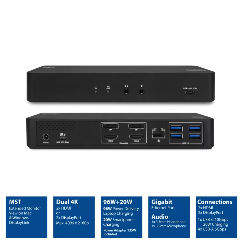 ACT USB-C dokkimisjaam 4K, 2 HDMI või DisplayPort monitorile, DisplayLink
