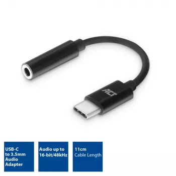 ACT AC7380 helikaabel, 0,11 m, 3,5 mm pistikupesa, USB USB-C pistik, must